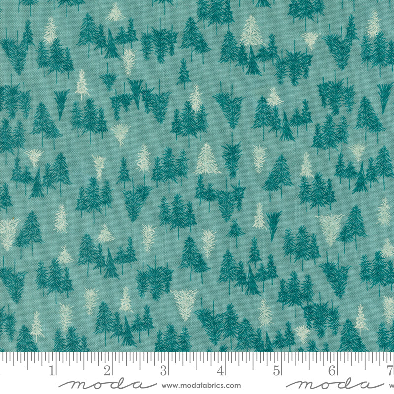 Cotton quilting fabric pattern called 'Tree Farm in Frost'. Part of the 'Cozy Wonderland' fabric collection. Designed by Fancy That Design House for fabric company Moda. SKU: 45594 16. 44-45 inch width.