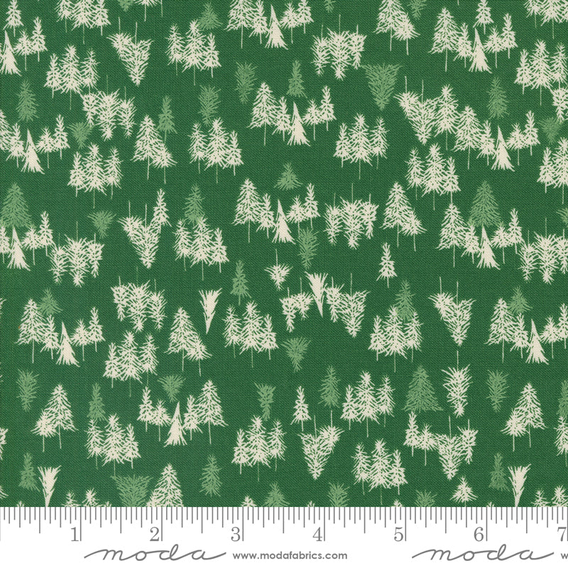 Cotton quilting fabric pattern called 'Tree Farm in Holly'. Part of the 'Cozy Wonderland' fabric collection. Designed by Fancy That Design House for fabric company Moda. SKU: 45594 20. 44-45 inch width.