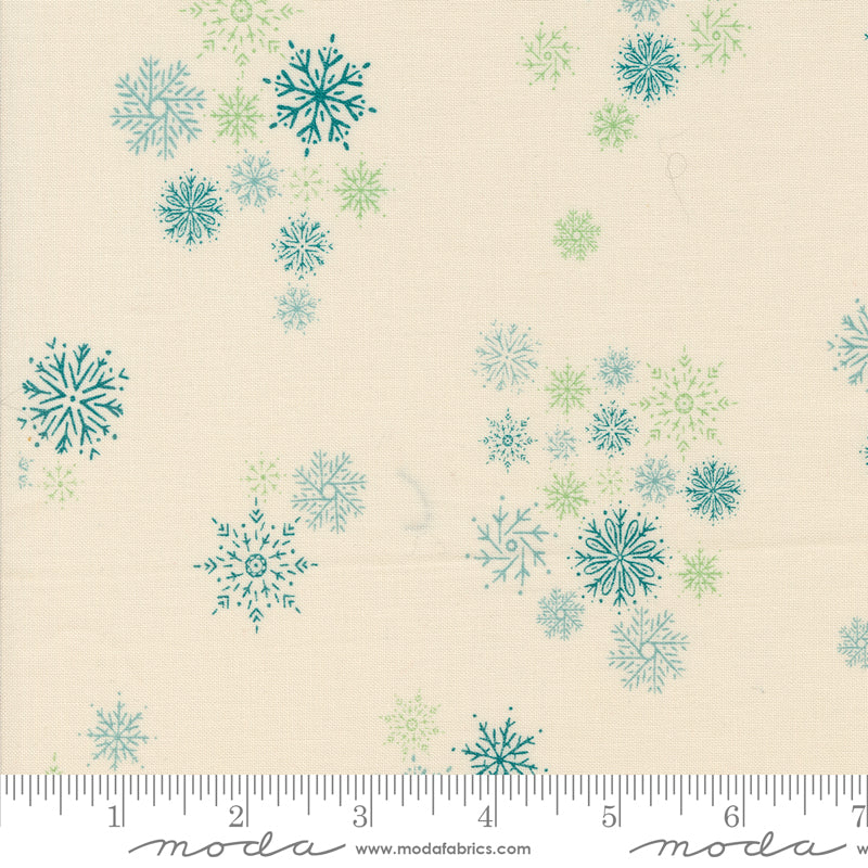 Cotton quilting fabric pattern called 'Snowflake Fall in Natural'. Part of the 'Cozy Wonderland' fabric collection. Designed by Fancy That Design House for fabric company Moda. SKU: 45596 11. 44-45 inch width.