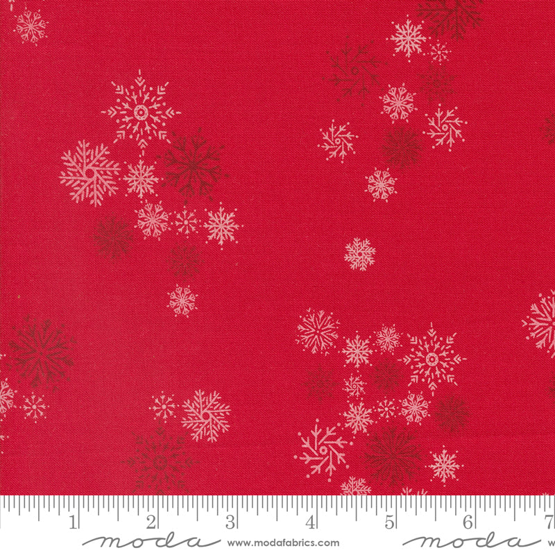 Cotton quilting fabric pattern called 'Snowflake Fall in Berry'. Part of the 'Cozy Wonderland' fabric collection. Designed by Fancy That Design House for fabric company Moda. SKU: 45596 14. 44-45 inch width.