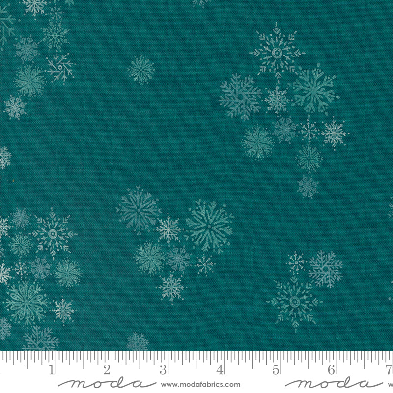 Cotton quilting fabric pattern called 'Snowflake Fall in Teal'. Part of the 'Cozy Wonderland' fabric collection. Designed by Fancy That Design House for fabric company Moda. SKU: 45596 15. 44-45 inch width.