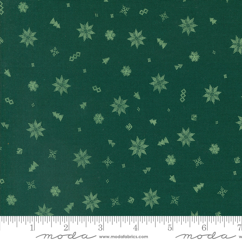 Cotton quilting fabric pattern called 'Knit Toss in Pine'. Part of the 'Cozy Wonderland' fabric collection. Designed by Fancy That Design House for fabric company Moda. SKU: 45597 23. 44-45 inch width.