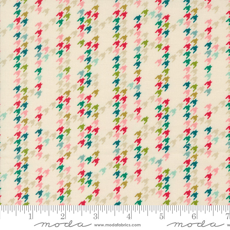 Cotton quilting fabric pattern called 'Houndstooth Party in Natural'. Part of the 'Cozy Wonderland' fabric collection. Designed by Fancy That Design House for fabric company Moda. SKU: 45598 11. 44-45 inch width.