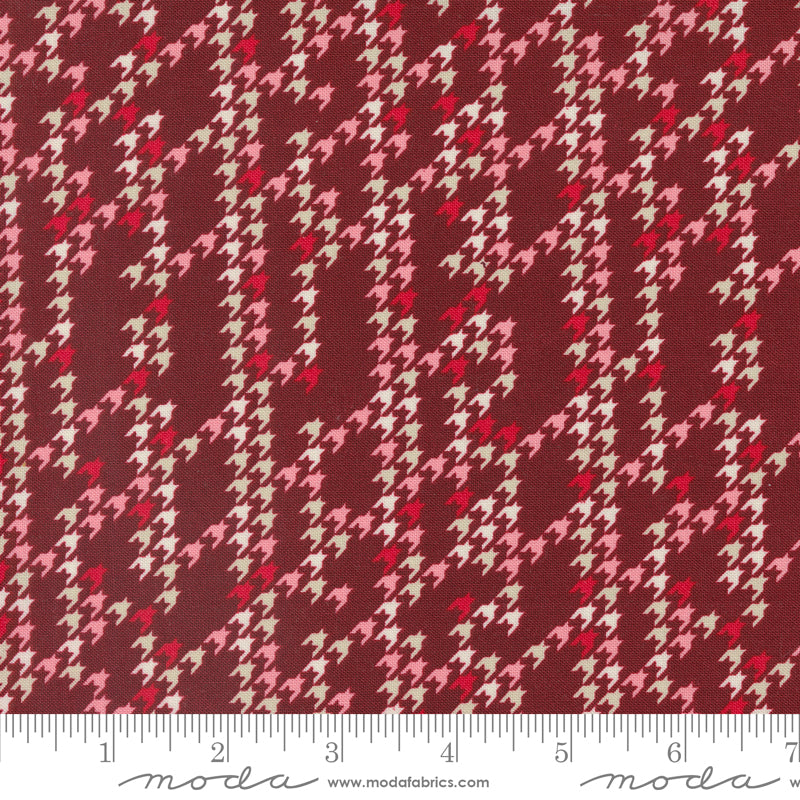 Cotton quilting fabric pattern called 'Houndstooth Party in Burgundy'. Part of the 'Cozy Wonderland' fabric collection. Designed by Fancy That Design House for fabric company Moda. SKU: 45598 13. 44-45 inch width.