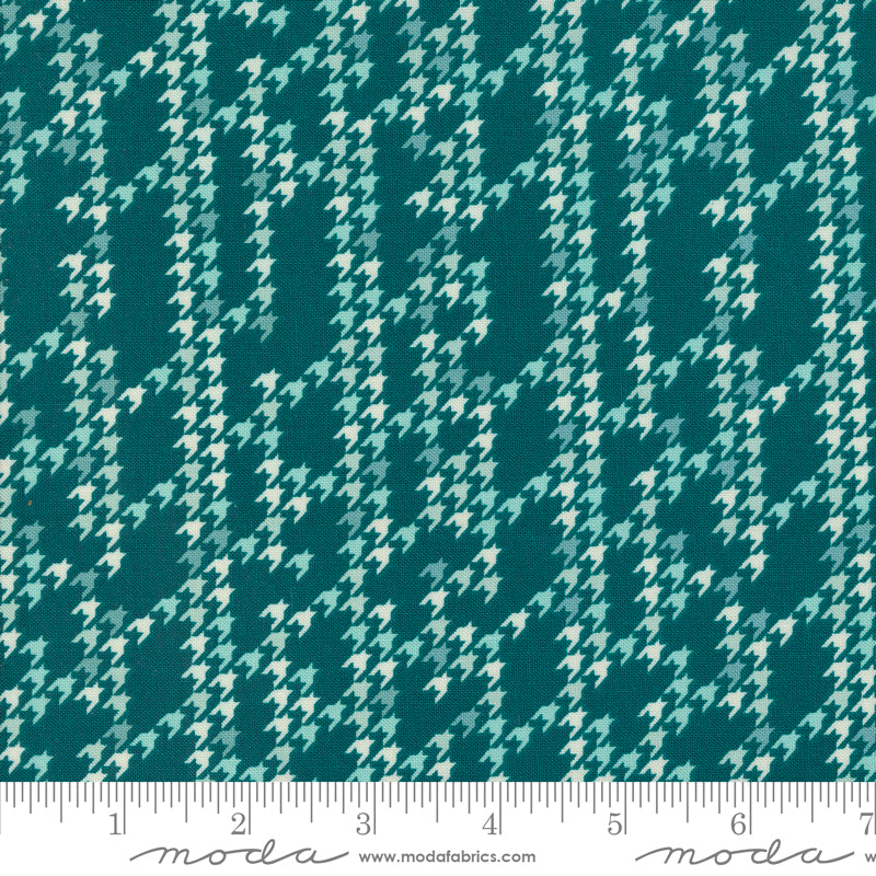 Cotton quilting fabric pattern called 'Houndstooth Party in Teal'. Part of the 'Cozy Wonderland' fabric collection. Designed by Fancy That Design House for fabric company Moda. SKU: 45598 15. 44-45 inch width.