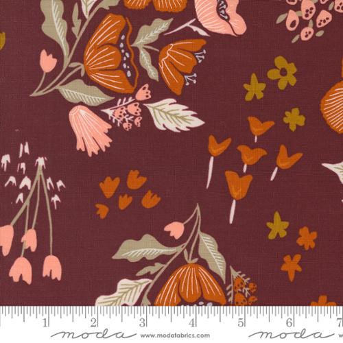 Cotton quilting fabric pattern called 'Garden Tales in Burgundy'. Part of the 'Folk & Lore' fabric collection. Designed by Fancy That Design House for fabric company MODA. SKU: 45600 16. 44-45 inch width.