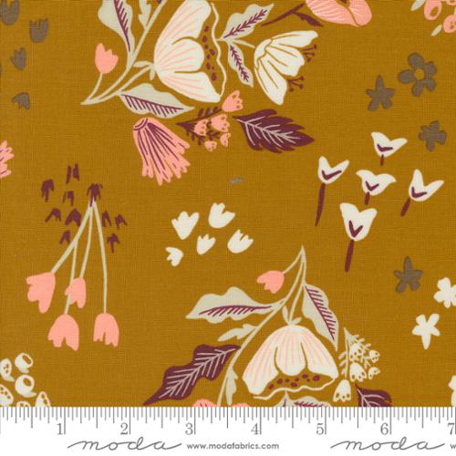 Cotton quilting fabric pattern called 'Garden Tales in Caramel'. Part of the 'Folk & Lore' fabric collection. Designed by Fancy That Design House for fabric company MODA. SKU: 45600 19. 44-45 inch width.