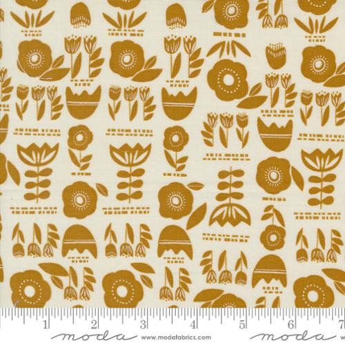 Cotton quilting fabric pattern called 'Posy Plot in Eggshell'. Part of the 'Folk & Lore' fabric collection. Designed by Fancy That Design House for fabric company MODA. SKU: 45601 11. 44-45 inch width.