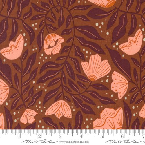 Cotton quilting fabric pattern called 'Dancing Flowers in Rust'. Part of the 'Folk & Lore' fabric collection. Designed by Fancy That Design House for fabric company MODA. SKU: 45602 15. 44-45 inch width.