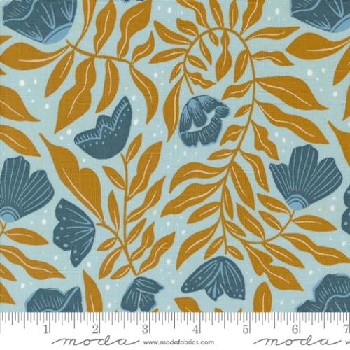 Cotton quilting fabric pattern called 'Dancing Flowers in Mist'. Part of the 'Folk & Lore' fabric collection. Designed by Fancy That Design House for fabric company MODA. SKU: 45602 20. 44-45 inch width.