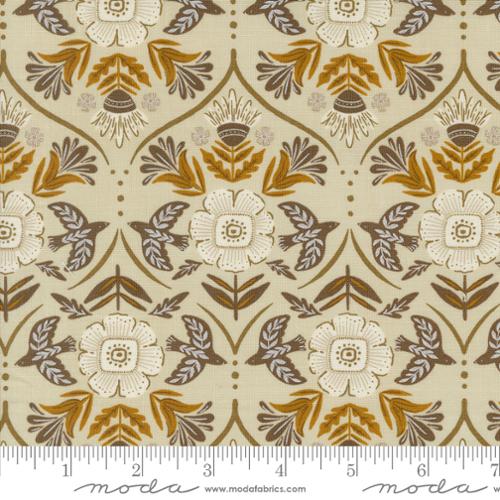 Cotton quilting fabric pattern called 'Flight of Fancy in Mushroom'. Part of the 'Folk & Lore' fabric collection. Designed by Fancy That Design House for fabric company MODA. SKU: 45604 12. 44-45 inch width.