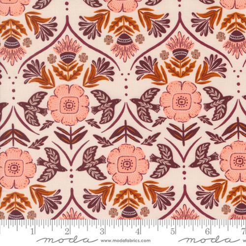 Cotton quilting fabric pattern called 'Flight of Fancy in Pale Pink'. Part of the 'Folk & Lore' fabric collection. Designed by Fancy That Design House for fabric company MODA. SKU: 45604 17. 44-45 inch width.