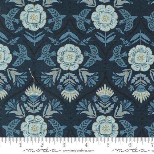 Cotton quilting fabric pattern called 'Flight of Fancy in Peacoat'. Part of the 'Folk & Lore' fabric collection. Designed by Fancy That Design House for fabric company MODA. SKU: 45604 25. 44-45 inch width.