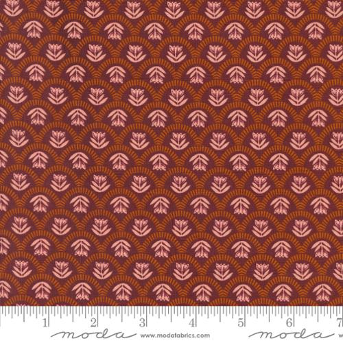 Cotton quilting fabric pattern called 'Scallop Story in Burgundy'. Part of the 'Folk & Lore' fabric collection. Designed by Fancy That Design House for fabric company MODA. SKU: 45605 16. 44-45 inch width.