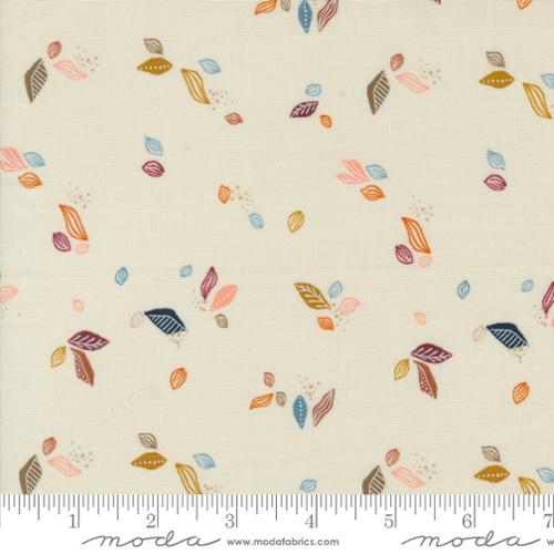 Cotton quilting fabric pattern called 'Leaf Twirl in Eggshell'. Part of the 'Folk & Lore' fabric collection. Designed by Fancy That Design House for fabric company MODA. SKU: 45607 11. 44-45 inch width.