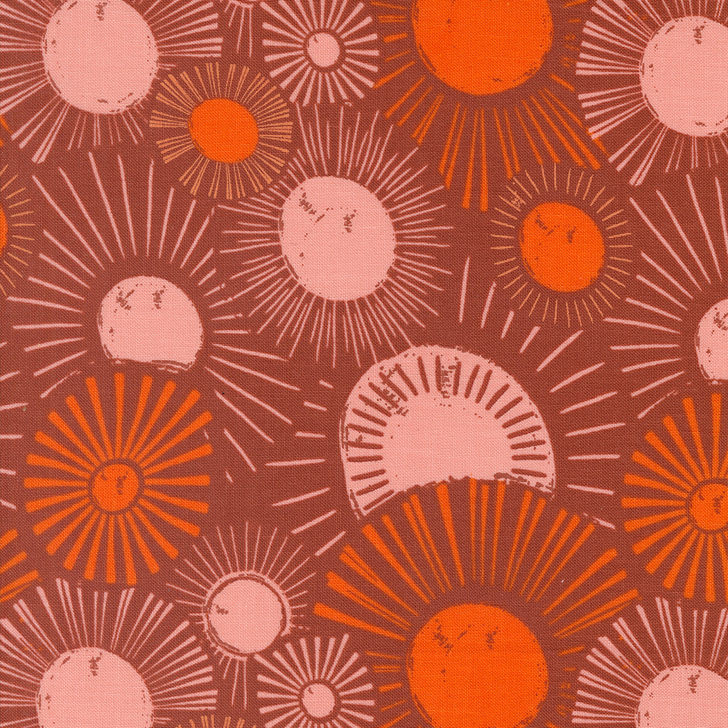 Cotton quilting fabric pattern called 'Sunrise Sunset in Paved Brick'. Part of the 'Things Above' fabric collection. Designed by Fancy That Design House for fabric company MODA. SKU: 45611 17. 44-45 inch width.