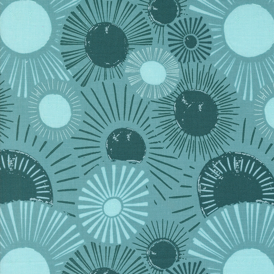 Cotton quilting fabric pattern called 'Sunrise Sunset in Teal'. Part of the 'Things Above' fabric collection. Designed by Fancy That Design House for fabric company MODA. SKU: 45611 25. 44-45 inch width.