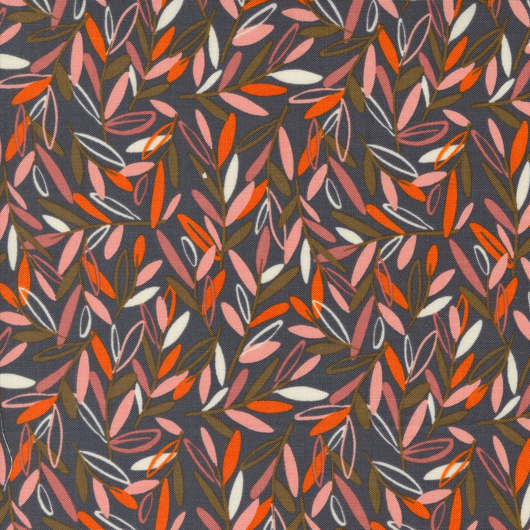 Cotton quilting fabric pattern called 'Leafscape in Flint'. Part of the 'Things Above' fabric collection. Designed by Fancy That Design House for fabric company MODA. SKU: 45613 22. 44-45 inch width.