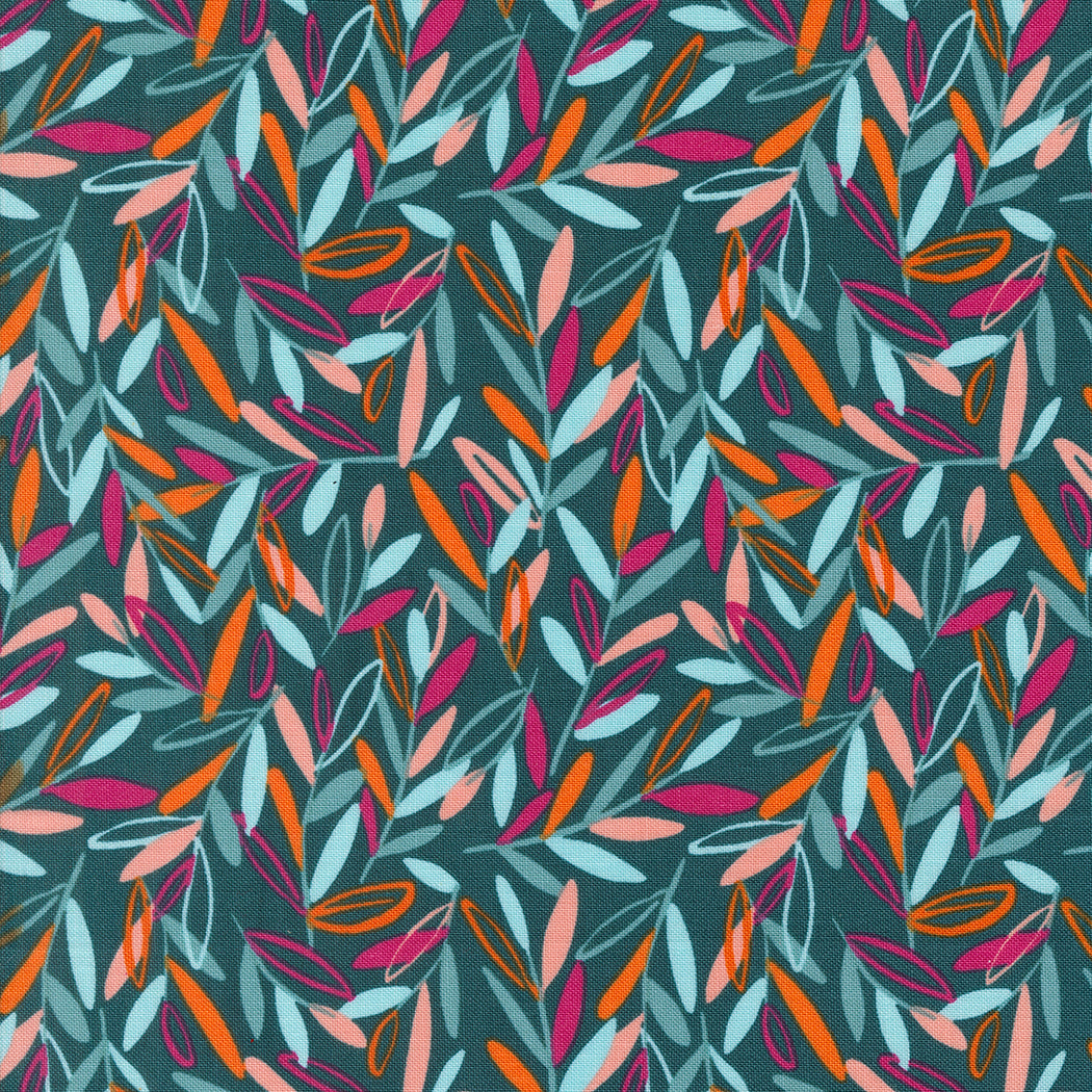 Cotton quilting fabric pattern called 'Leafscape in Deep Sea'. Part of the 'Things Above' fabric collection. Designed by Fancy That Design House for fabric company MODA. SKU: 45613 26. 44-45 inch width.