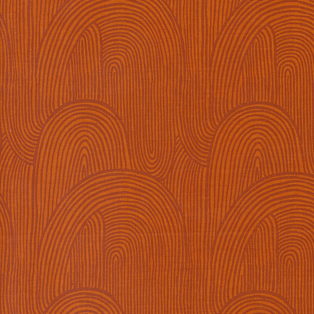 Cotton quilting fabric pattern called 'Wavy Whirl in Rust'. Part of the 'Things Above' fabric collection. Designed by Fancy That Design House for fabric company MODA. SKU: 45614 16. 44-45 inch width.