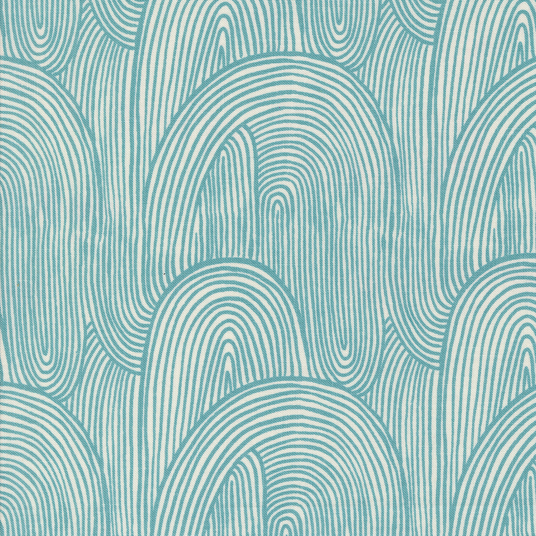 Cotton quilting fabric pattern called 'Wavy Whirl in Teal'. Part of the 'Things Above' fabric collection. Designed by Fancy That Design House for fabric company MODA. SKU: 45614 25. 44-45 inch width.