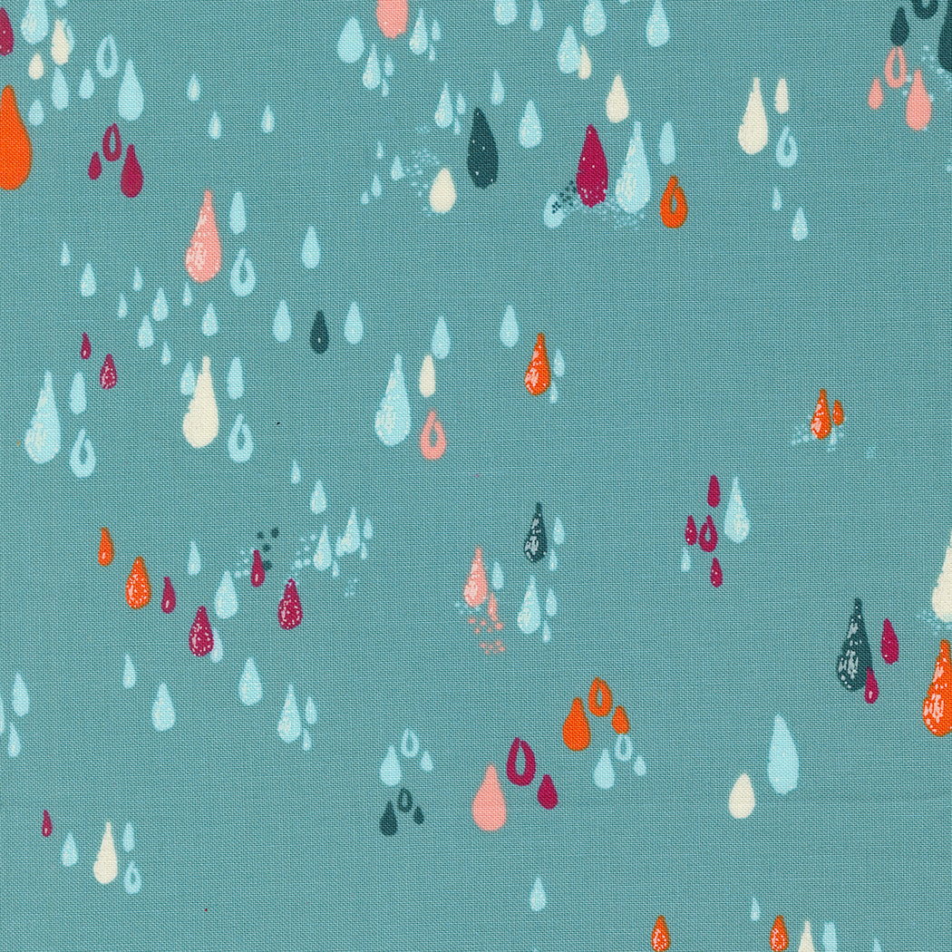 Cotton quilting fabric pattern called 'Drops in Teal'. Part of the 'Things Above' fabric collection. Designed by Fancy That Design House for fabric company MODA. SKU: 45617 25. 44-45 inch width.