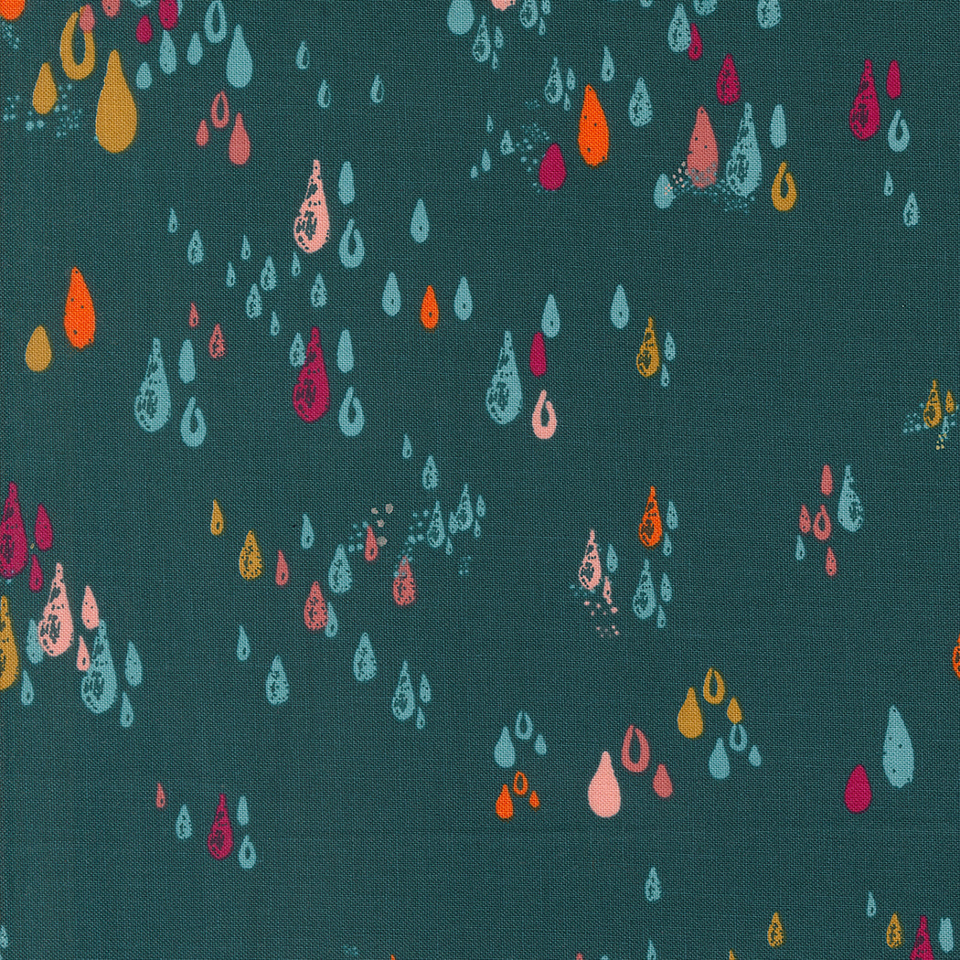 Cotton quilting fabric pattern called 'Drops in Deep Sea'. Part of the 'Things Above' fabric collection. Designed by Fancy That Design House for fabric company MODA. SKU: 45617 26. 44-45 inch width.