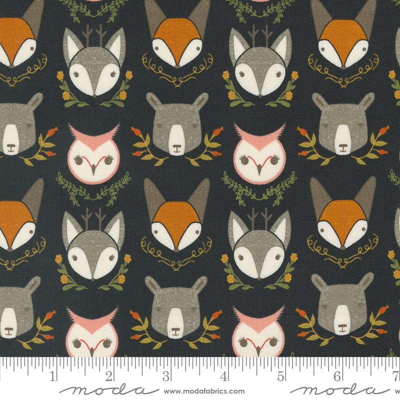 Cotton quilting fabric pattern called 'Bobble Heads in Midnight'. Part of the 'Woodland Wonder' fabric collection. Designed by Gingiber for fabric company MODA. SKU: 48392 21. 44-45 inch width.