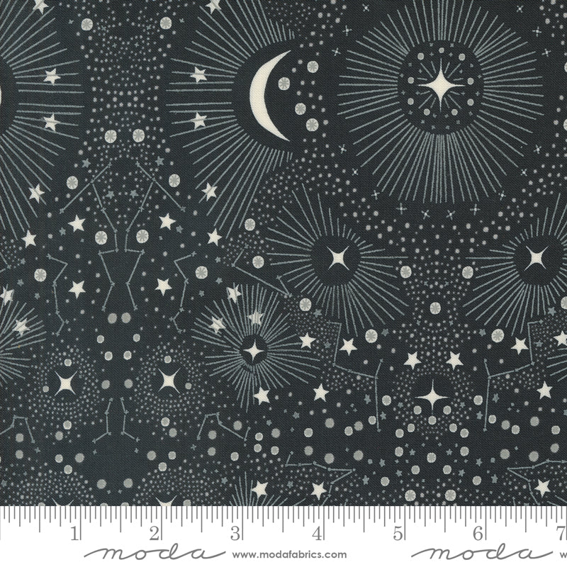 Cotton quilting fabric pattern called 'Starshine in Midnight'. Part of the 'Woodland Wonder' fabric collection. Designed by Gingiber for fabric company MODA. SKU: 48397 21. 44-45 inch width.