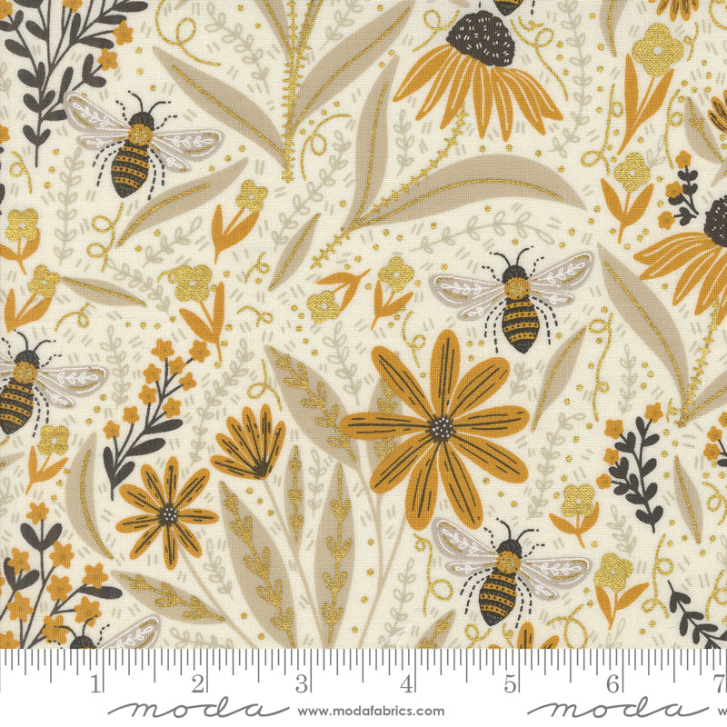 Cotton quilting fabric pattern called 'Metallic Porcelain'. Part of the 'Bee Garden' fabric collection. Designed by Gingiber for fabric company Moda. SKU: 48410 11M. 44-45 inch width.