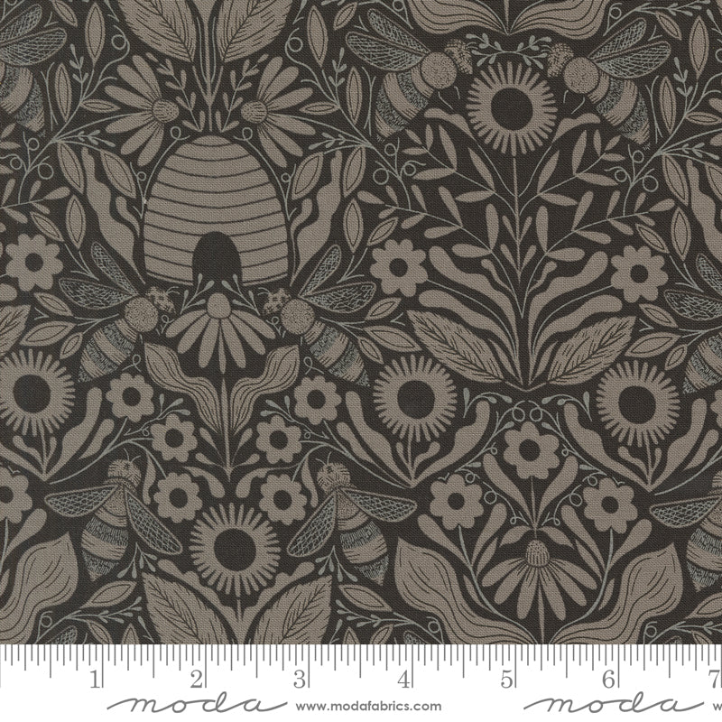 Cotton quilting fabric pattern called 'Beehive Melody in Black'. Part of the 'Bee Garden' fabric collection. Designed by Gingiber for fabric company Moda. SKU: 48414 21. 44-45 inch width.