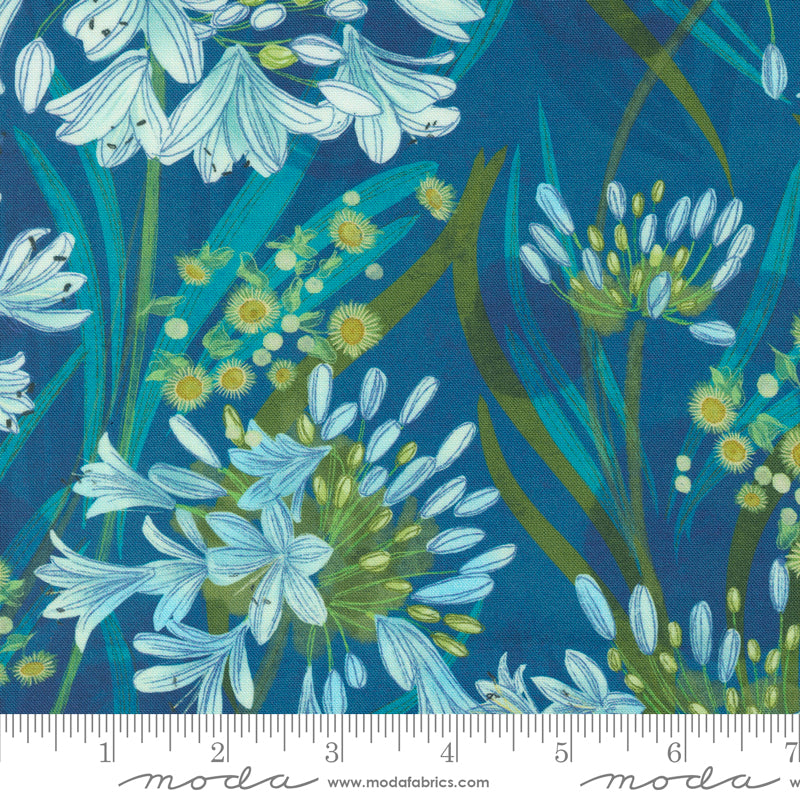 Cotton quilting fabric pattern called 'Agapanthus in Coastal'. Part of the 'Serena Shores' fabric collection. Designed by Robin Pickens for fabric company Moda. SKU: 48770 14. 44-45 inch width.