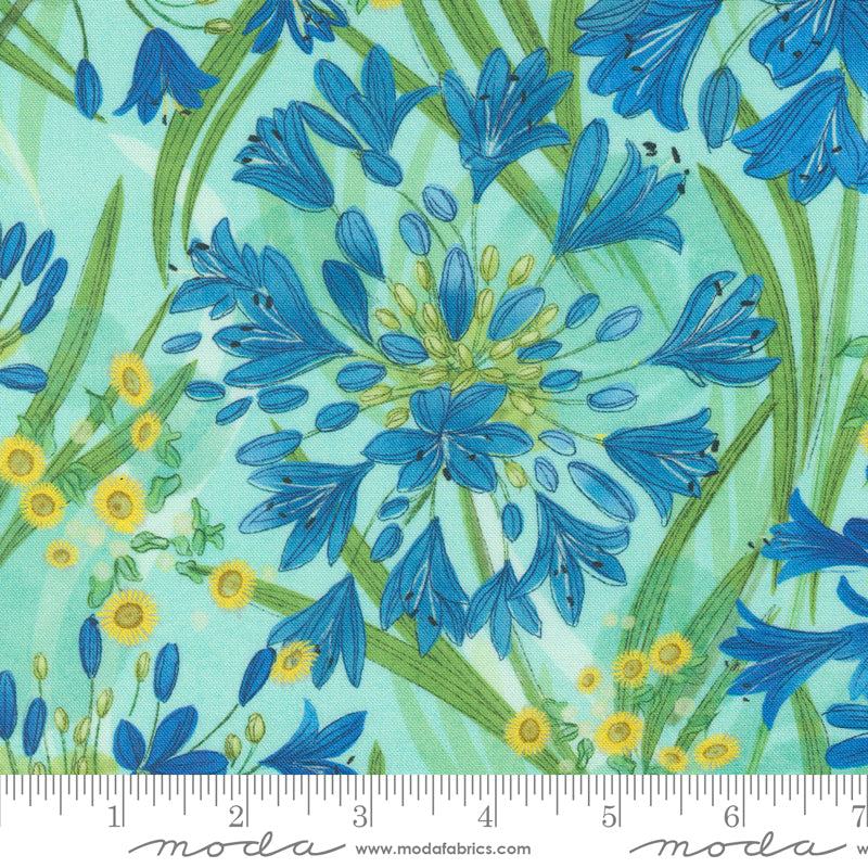 Cotton quilting fabric pattern called 'Agapanthus in Aqua'. Part of the 'Serena Shores' fabric collection. Designed by Robin Pickens for fabric company Moda. SKU: 48770 19. 44-45 inch width.