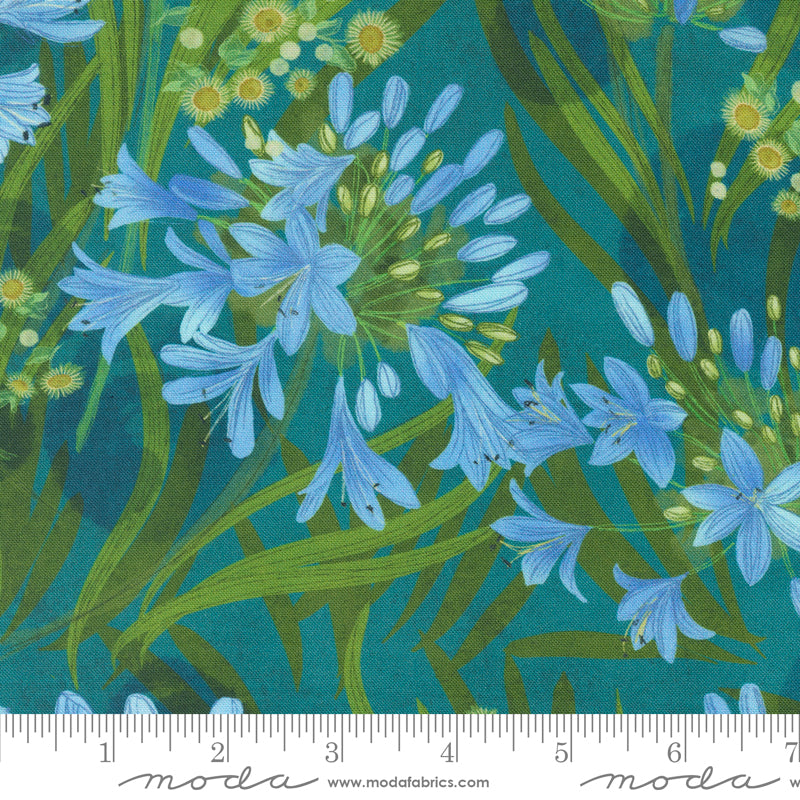 Cotton quilting fabric pattern called 'Agapanthus in Lagoon'. Part of the 'Serena Shores' fabric collection. Designed by Robin Pickens for fabric company Moda. SKU: 48770 23. 44-45 inch width.