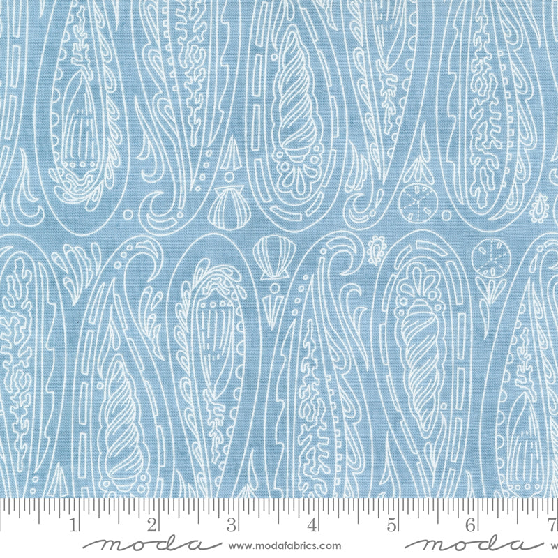 Cotton quilting fabric pattern called 'Paisley Shells in Breeze'. Part of the 'Serena Shores' fabric collection. Designed by Robin Pickens for fabric company Moda. SKU: 48772 16. 44-45 inch width.