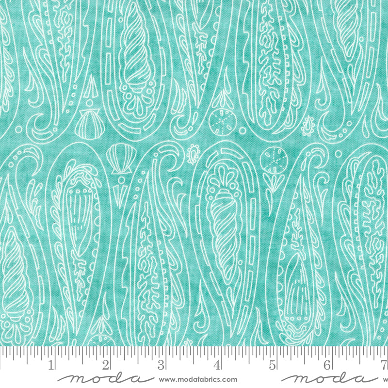 Cotton quilting fabric pattern called 'Paisley Shells in Aqua'. Part of the 'Serena Shores' fabric collection. Designed by Robin Pickens for fabric company Moda. SKU: 48772 21. 44-45 inch width.