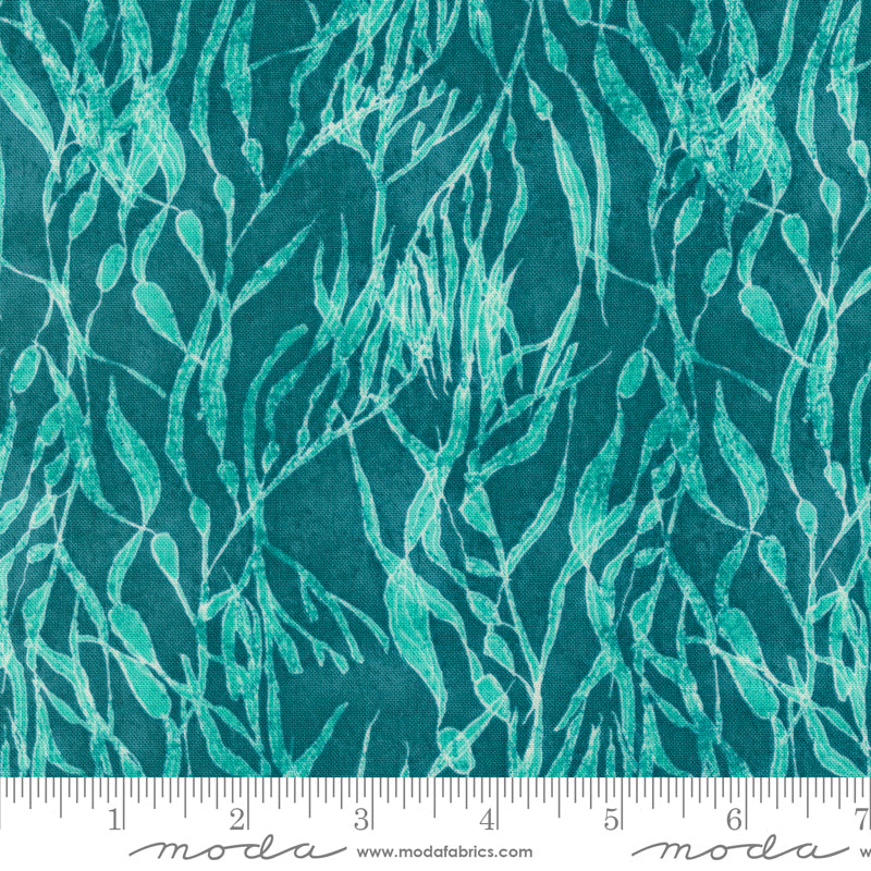 Cotton quilting fabric pattern called 'Seaweeds in Lagoon'. Part of the 'Serena Shores' fabric collection. Designed by Robin Pickens for fabric company Moda. SKU: 48773 23. 44-45 inch width.