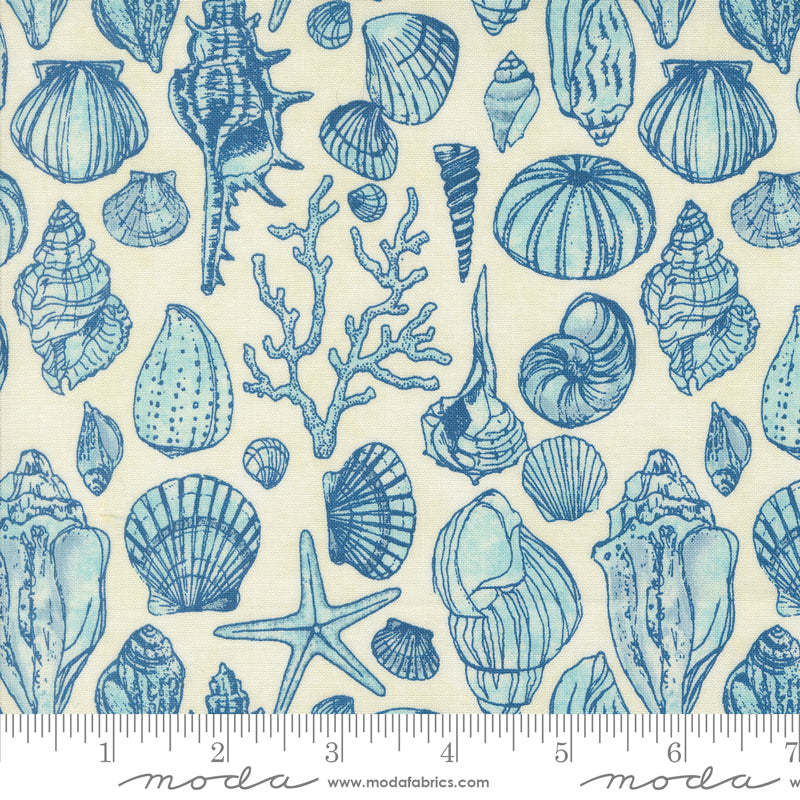 Cotton quilting fabric pattern called 'Sketchy Shells in Cloud'. Part of the 'Serena Shores' fabric collection. Designed by Robin Pickens for fabric company Moda. SKU: 48774 11. 44-45 inch width.