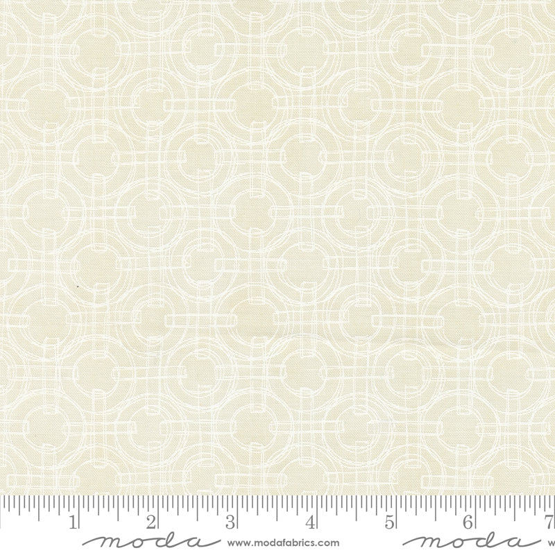 Cotton quilting fabric pattern called 'Linked Rings in Cloud'. Part of the 'Serena Shores' fabric collection. Designed by Robin Pickens for fabric company Moda. SKU: 48775 11. 44-45 inch width.