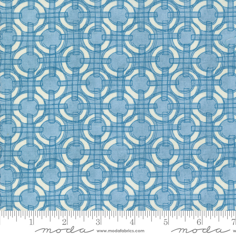 Cotton quilting fabric pattern called 'Linked Rings in Breeze'. Part of the 'Serena Shores' fabric collection. Designed by Robin Pickens for fabric company Moda. SKU: 48775 16. 44-45 inch width.