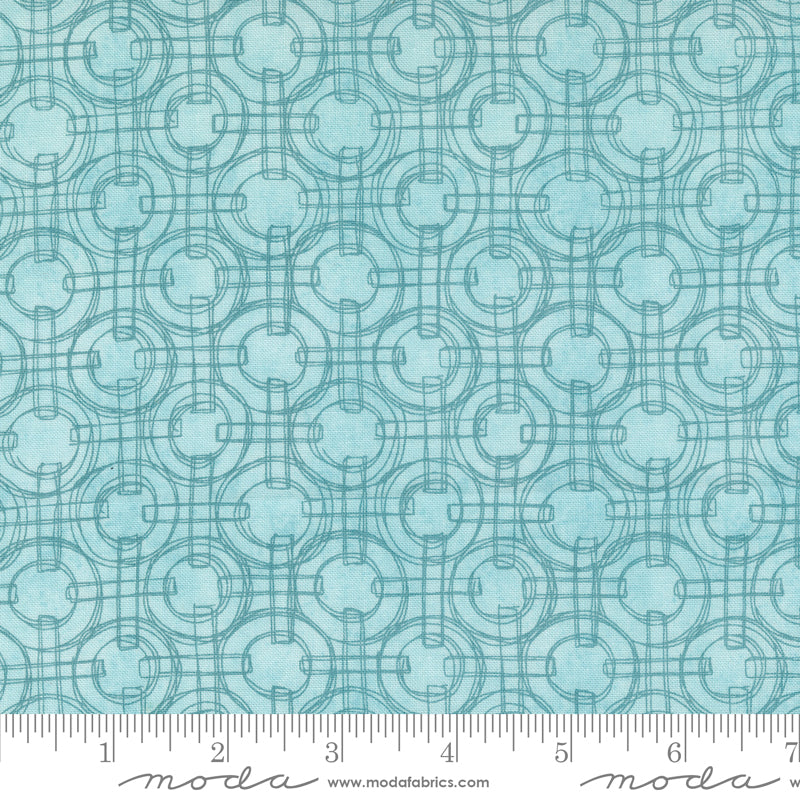 Cotton quilting fabric pattern called 'Linked Rings in Mist'. Part of the 'Serena Shores' fabric collection. Designed by Robin Pickens for fabric company Moda. SKU: 48775 18. 44-45 inch width.