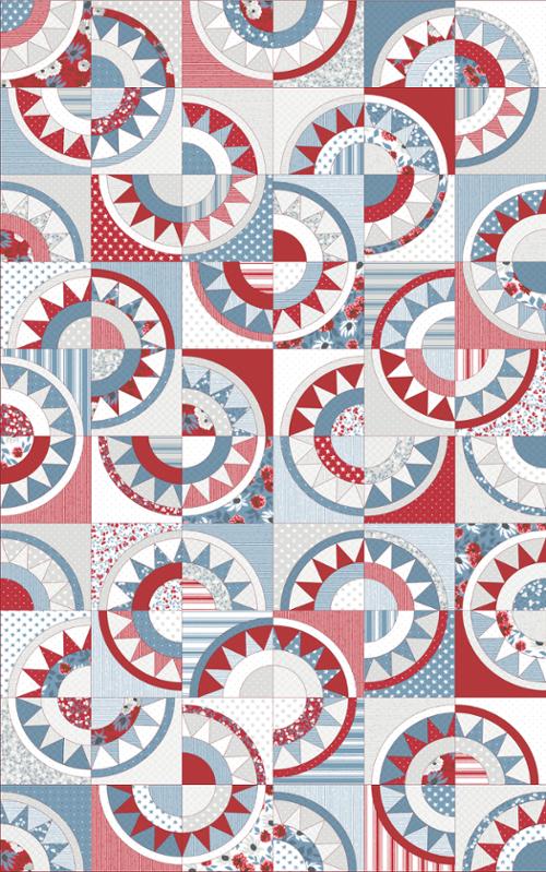 Cotton quilting fabric pattern called 'Old Glory Patchwork Cheater Quilt'. Part of the 'Old Glory' fabric collection. Designed by Lella Boutique for fabric company Moda Fabrics. SKU: 5208 11 - PANEL. 44-45 inch width.