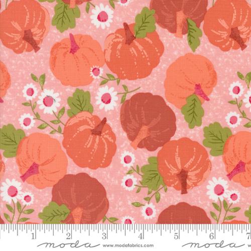 Cotton quilting fabric pattern called 'Pumpkin Patch in Bubble Gum Pink'. Part of the 'Hey Boo' fabric collection. Designed by Lella Boutique for fabric company Moda. SKU: 5210 13. 44-45 inch width.