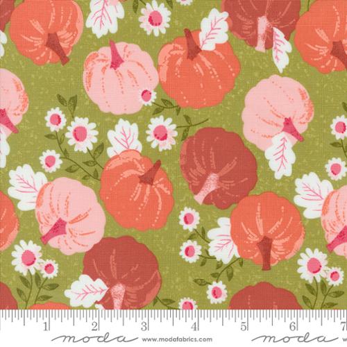 Cotton quilting fabric pattern called 'Pumpkin Patch in Witchy Green'. Part of the 'Hey Boo' fabric collection. Designed by Lella Boutique for fabric company Moda. SKU: 5210 17. 44-45 inch width.