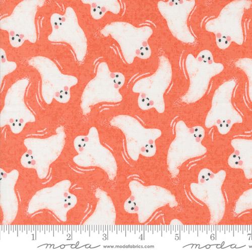 Cotton quilting fabric pattern called 'Friendly Ghost in Soft Pumpkin'. Part of the 'Hey Boo' fabric collection. Designed by Lella Boutique for fabric company Moda. SKU: 1209654. 44-45 inch width.