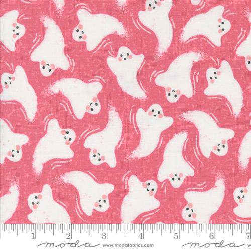 Cotton quilting fabric pattern called 'Friendly Ghost in Love Potion Pink'. Part of the 'Hey Boo' fabric collection. Designed by Lella Boutique for fabric company Moda. SKU: 5211 14. 44-45 inch width.