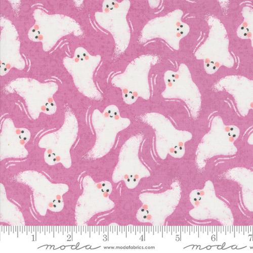 Cotton quilting fabric pattern called 'Friendly Ghost in Purple Haze'. Part of the 'Hey Boo' fabric collection. Designed by Lella Boutique for fabric company Moda. SKU: 5211 15. 44-45 inch width.