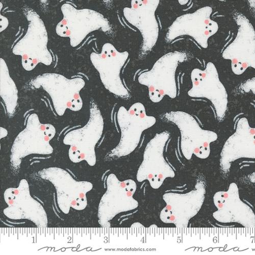 Cotton quilting fabric pattern called 'Friendly Ghost in Midnight'. Part of the 'Hey Boo' fabric collection. Designed by Lella Boutique for fabric company Moda. SKU: 5211 16. 44-45 inch width.