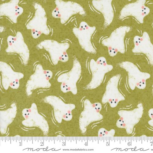 Cotton quilting fabric pattern called 'Friendly Ghost in Witchy Green'. Part of the 'Hey Boo' fabric collection. Designed by Lella Boutique for fabric company Moda. SKU: 5211 17. 44-45 inch width.