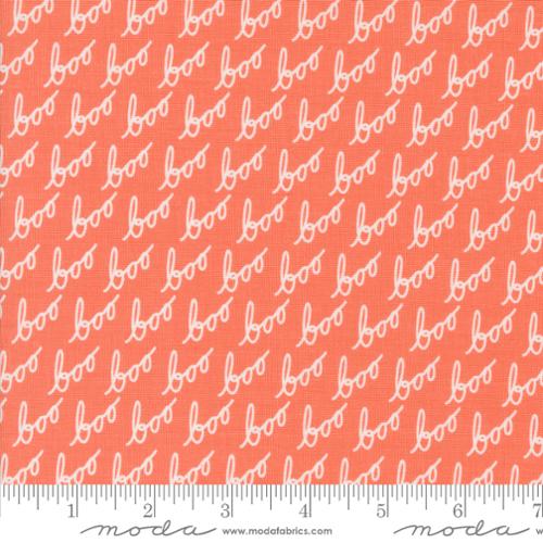 Cotton quilting fabric pattern called 'Boo in Soft Pumpkin'. Part of the 'Hey Boo' fabric collection. Designed by Lella Boutique for fabric company Moda. SKU: 1210020. 44-45 inch width.